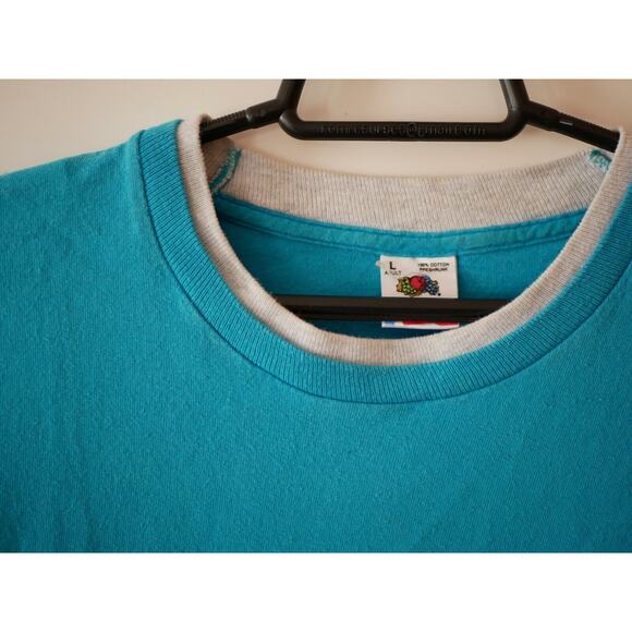 Vintage Fruit of the Loom Blank Short Sleeve T-shirt Turquoise Blue Lined Large - Picture 2 of 8
